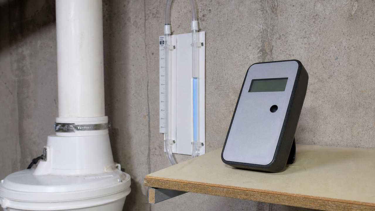 Radon test monitor in an Asheville basement