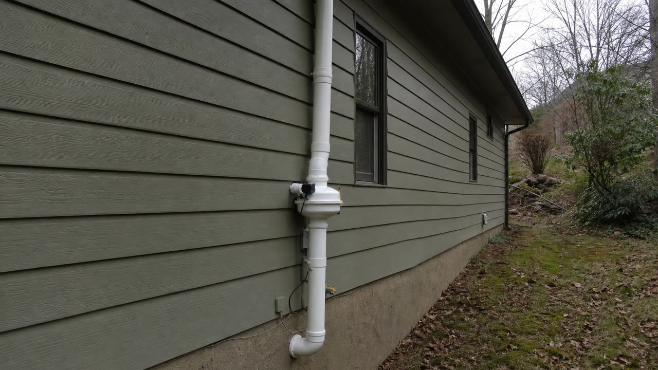 Exterior radon mitigation fan and vent pipe on an Asheville home