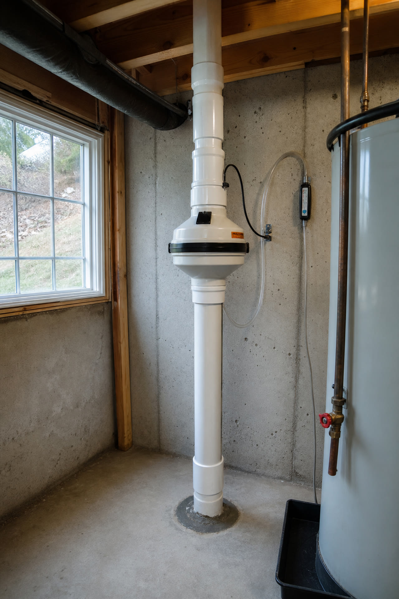Basement radon mitigation pipe and manometer in Asheville